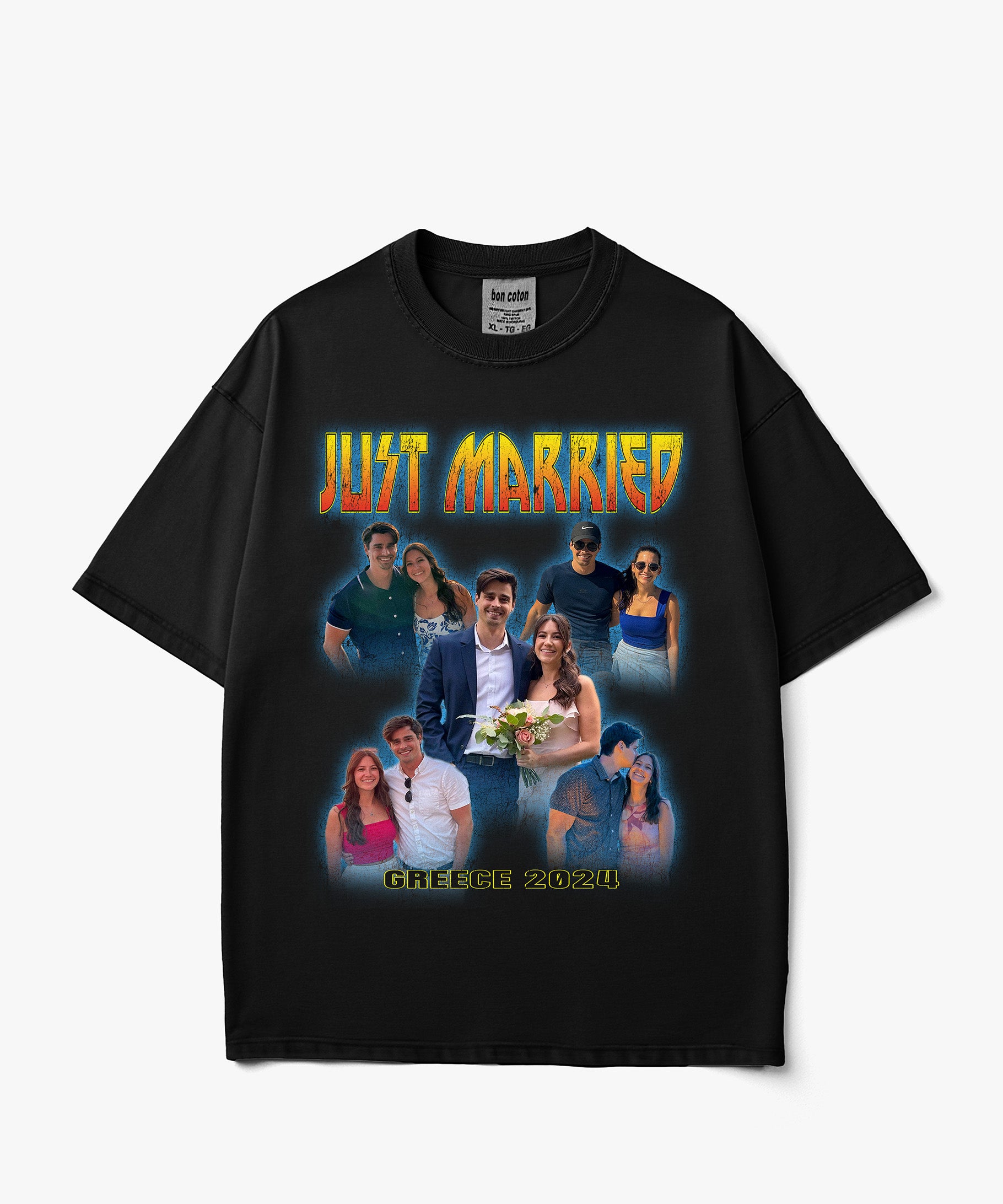Image of A black short-sleeve custom bootleg graphic t-shirt featuring a 'Just Married' theme print with a collage of couples and the text 'GHEESE 2024' on a light gray background.
