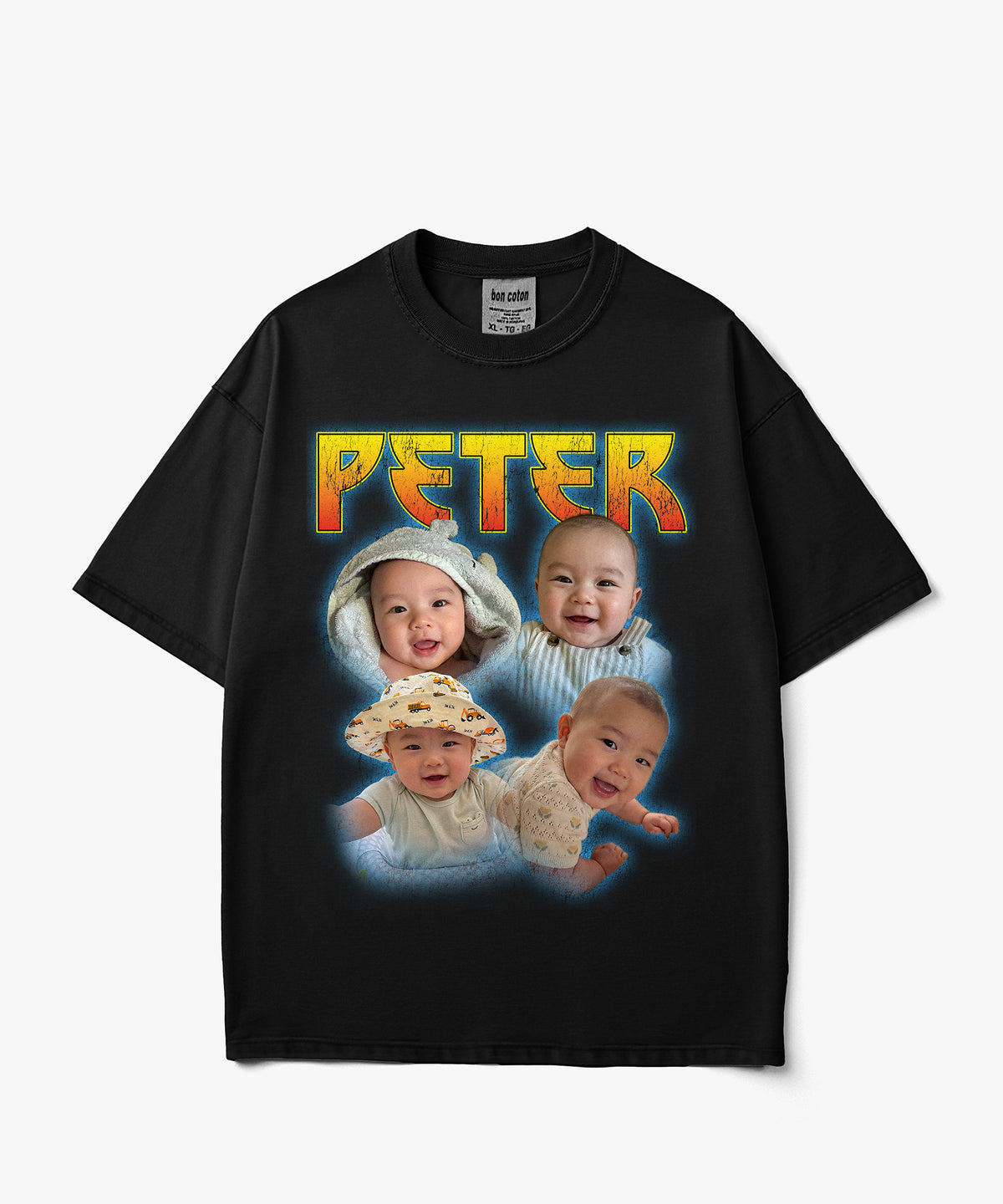 A black short-sleeve custom bootleg graphic t-shirt featuring the name 'PETER' in a yellow and orange gradient font above a collage of four baby photos with a blue glow effect, displayed on a light gray background.