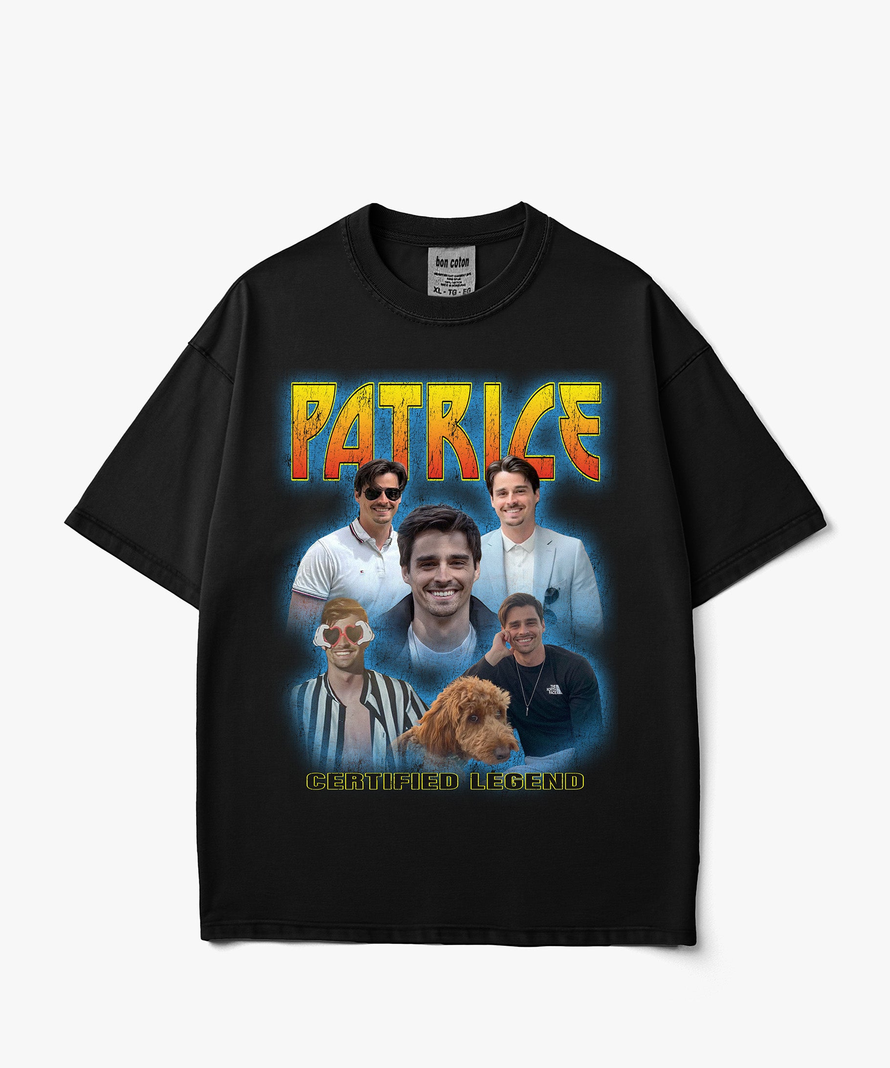 Image of Born to Rock Black custom bootleg tee with a personalized photo collage, bold yellow typography, blue accents and vintage rock inspired style.