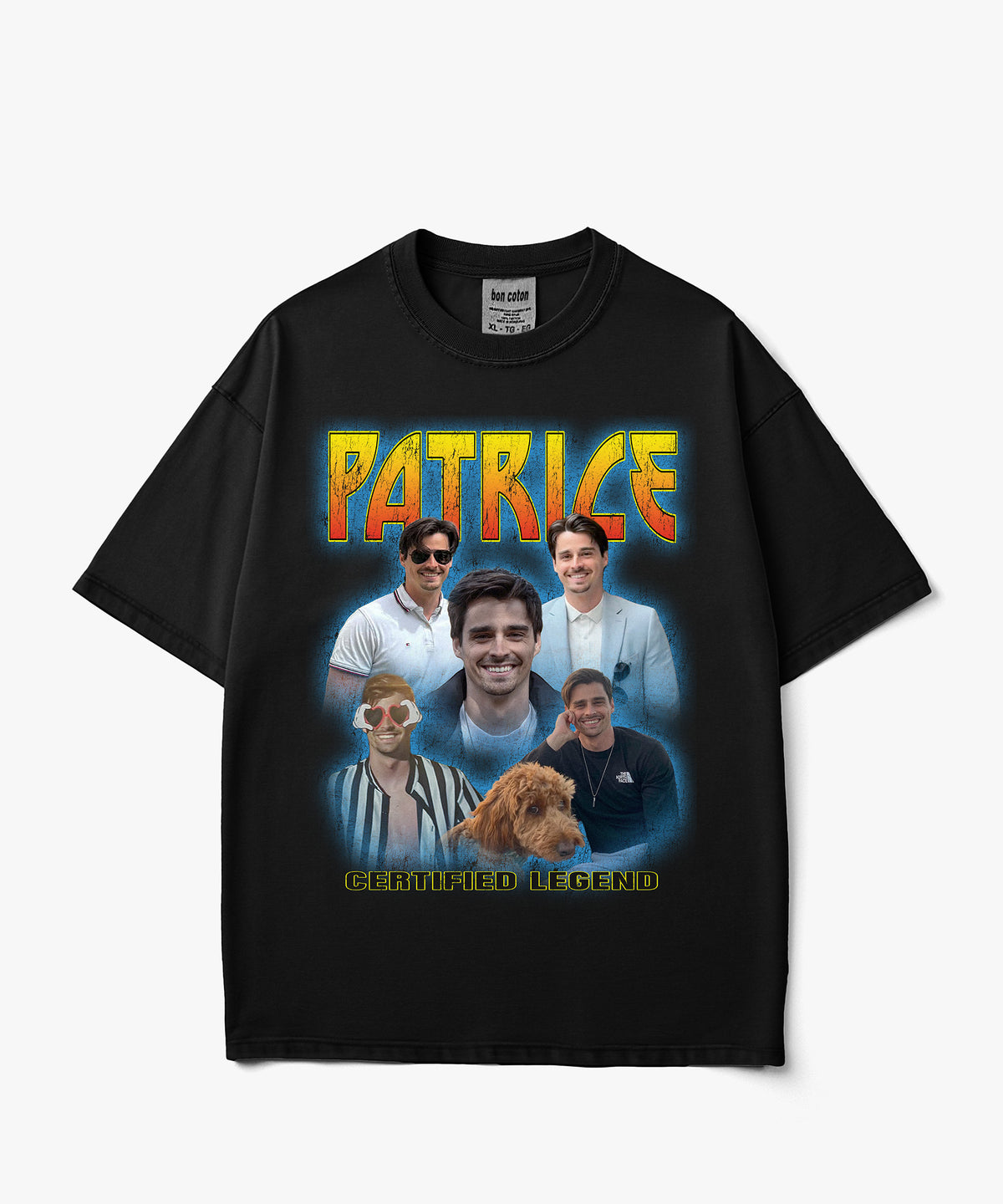 Born to Rock Black custom bootleg tee with a personalized photo collage, bold yellow typography, blue accents and vintage rock inspired style.