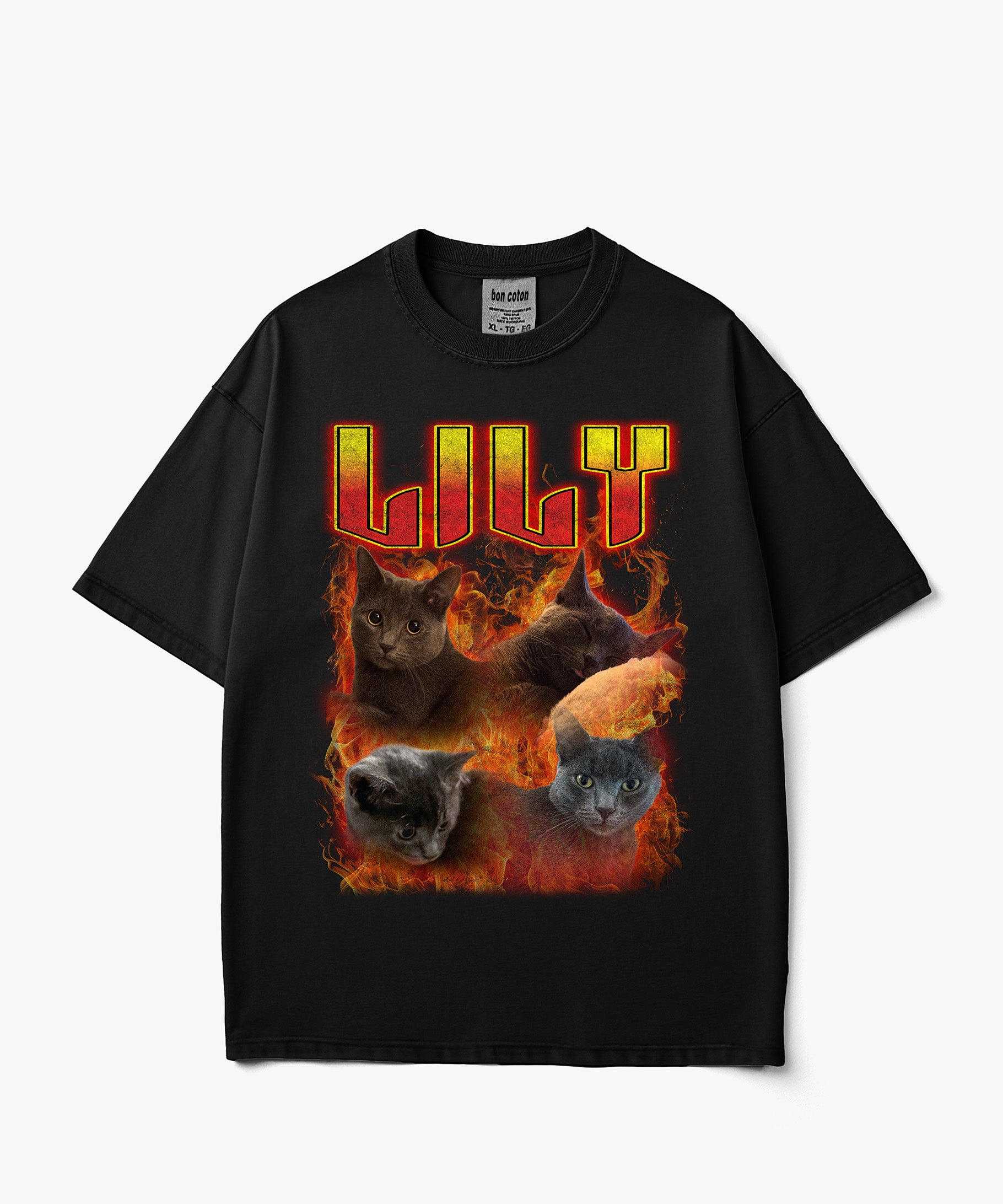 Image of A black short-sleeve t-shirt with a graphic print featuring the word 'JILY' in fiery yellow and orange letters above four cats surrounded by flames, displayed on a light gray background.