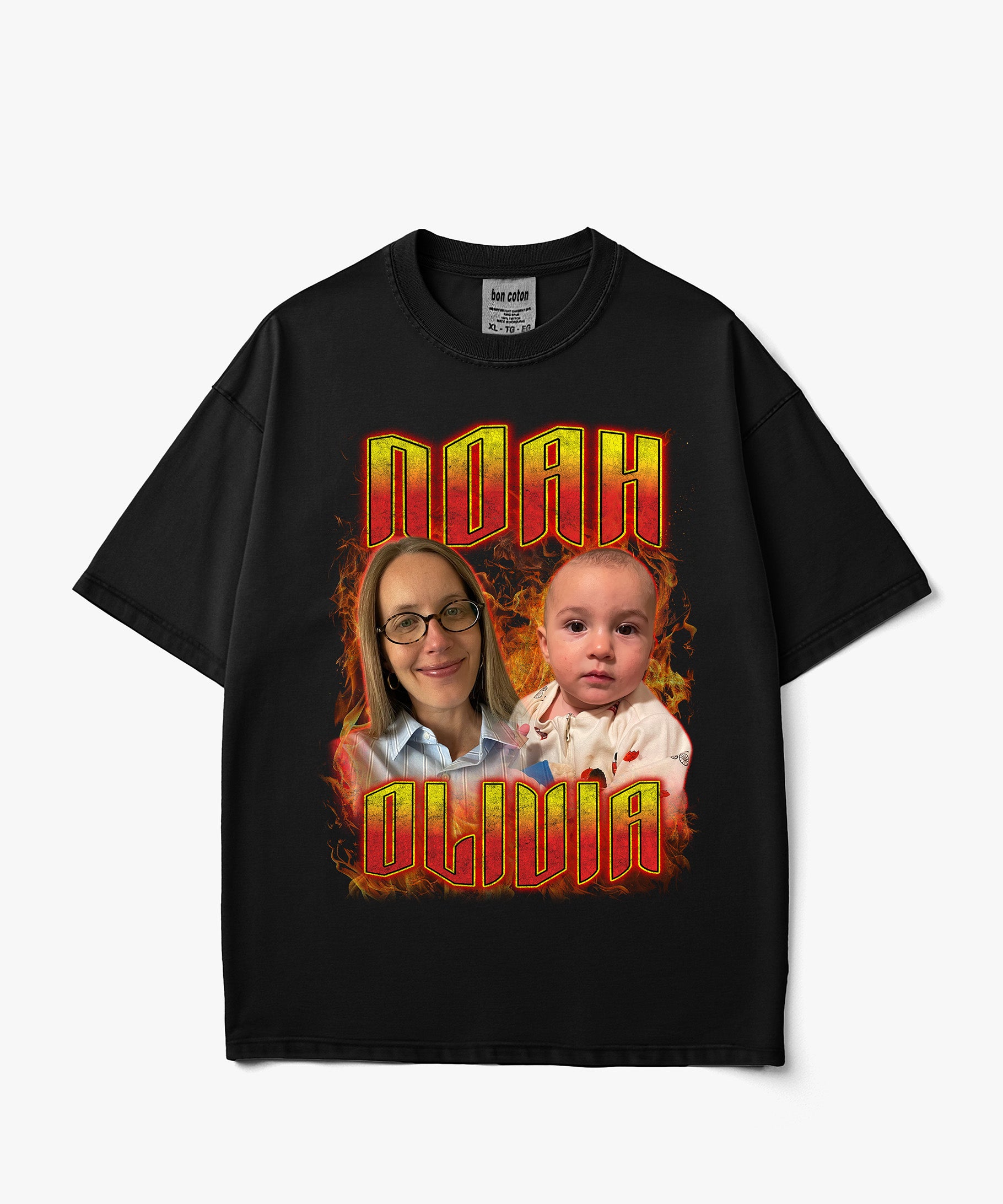Image of Hellfire Yellow custom bootleg tee with a personalized photo collage, bold yellow and red rock inspired typography, and fiery details on a black T shirt.