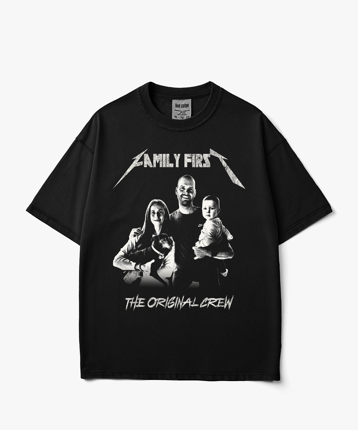 A black short-sleeve custom bootleg graphic t-shirt featuring a white and gray print of the band Metallica's 'Family First' album art, including the band's name in a stylized font and the text 'The Original Crew' at the bottom, displayed on a clean white background.