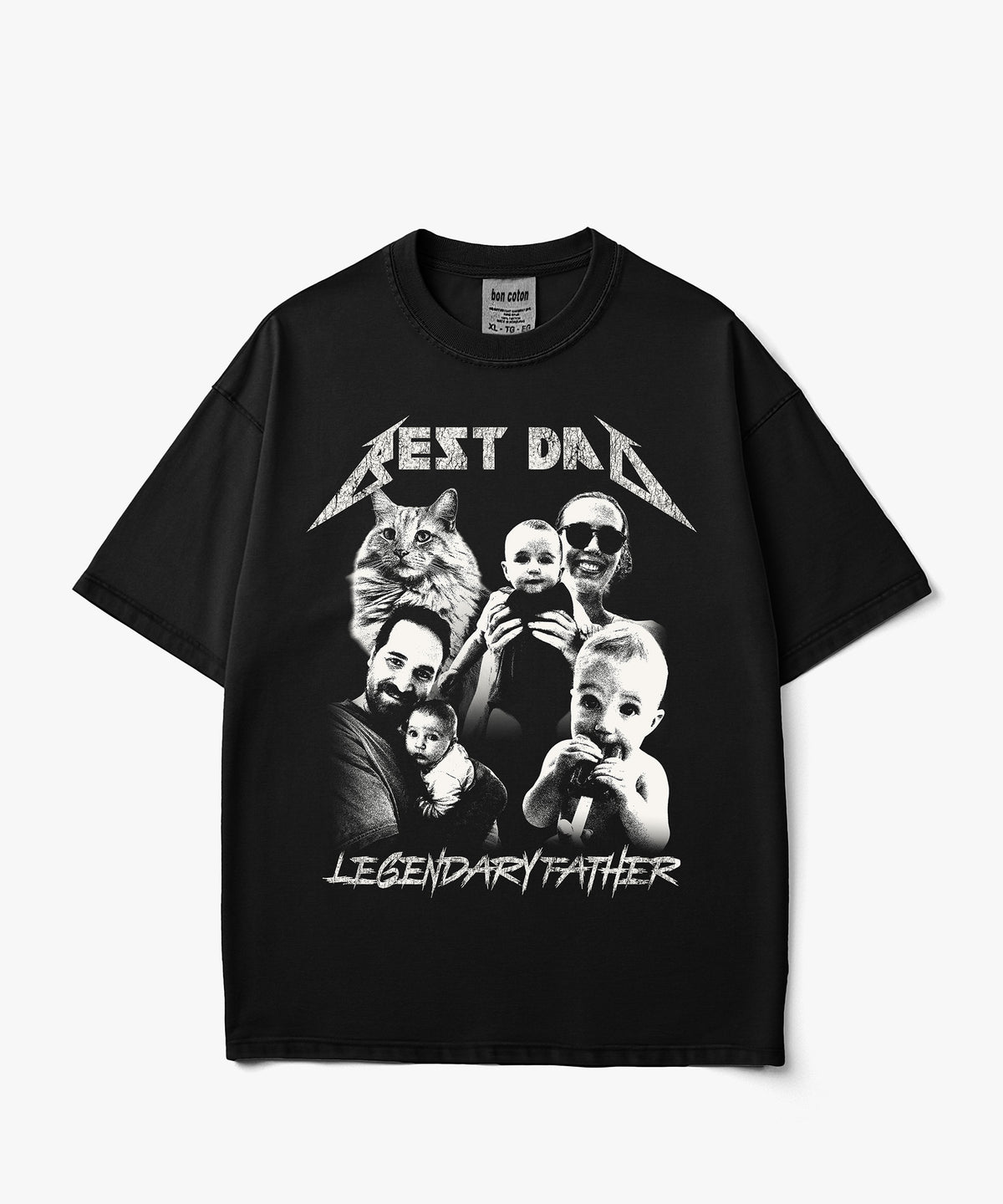 Metal Core Black custom bootleg tee with a personalized black and white photo collage, distressed metal inspired typography and vintage rock style.