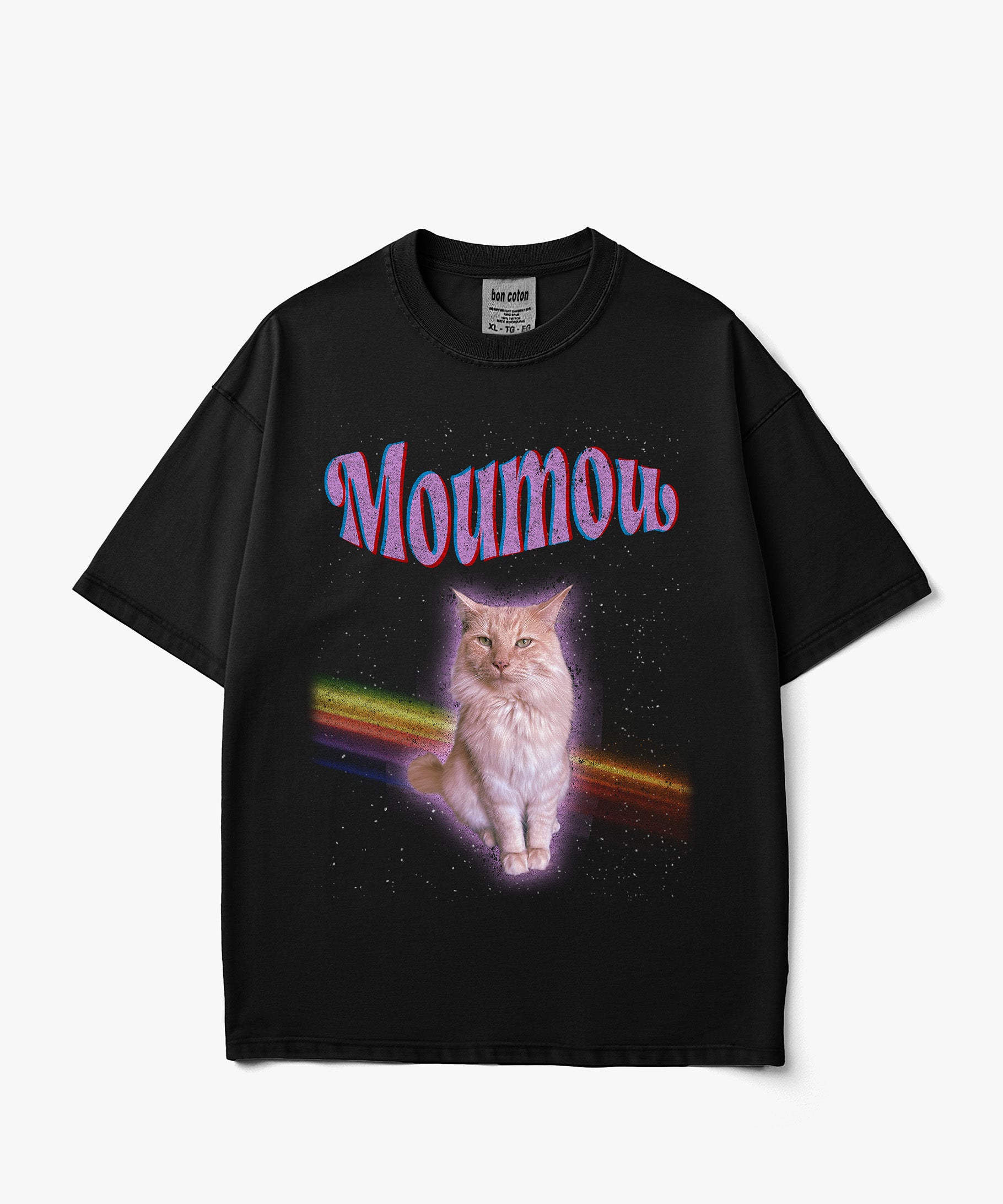 Image of A black short-sleeve t-shirt with a graphic print of a fluffy white cat sitting on a rainbow in space, with the word 'Mumou' written above in a pink and blue bubbly font.