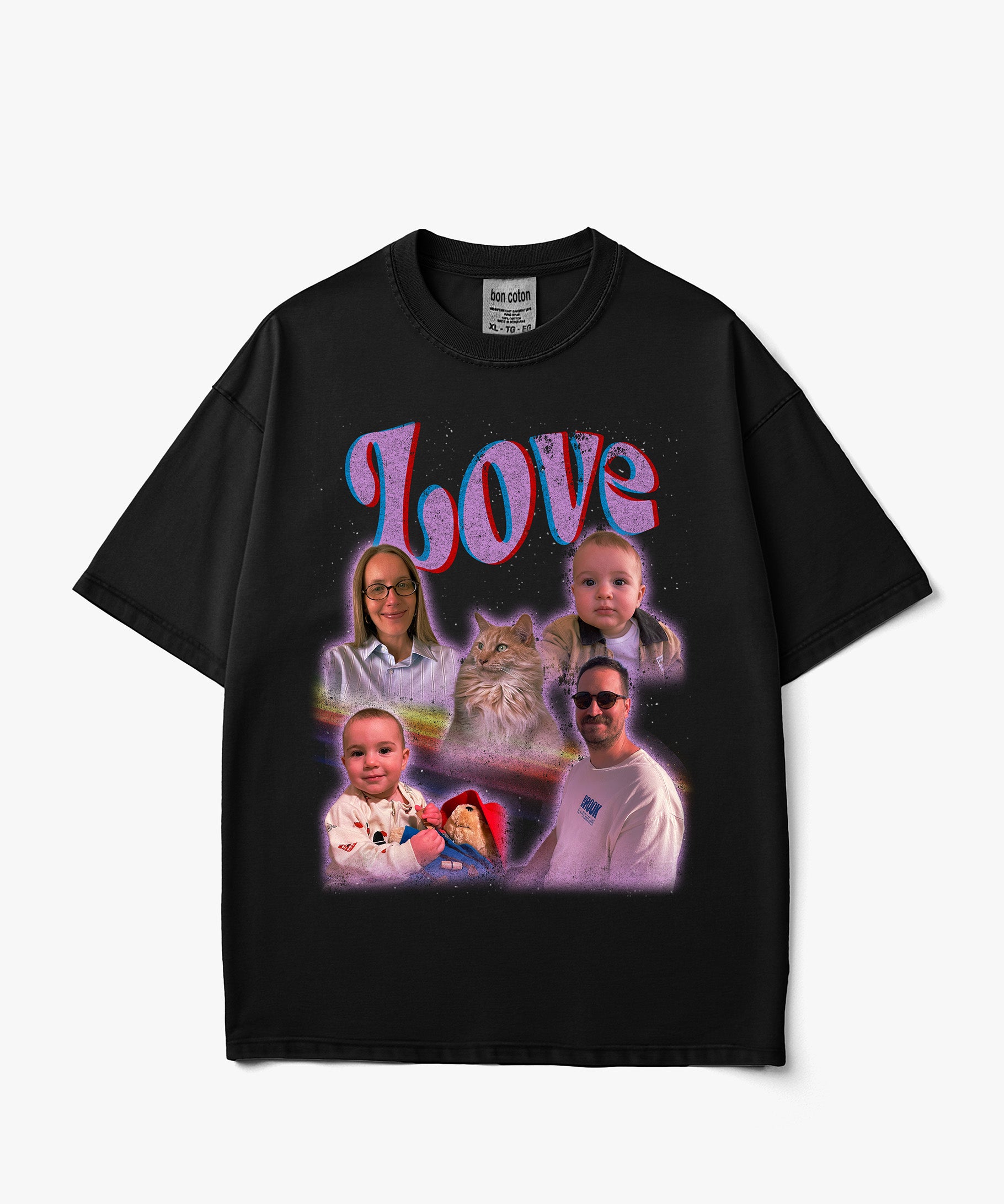 Astral Haze Pink custom bootleg tee with personalized family, baby and pet photo collage
