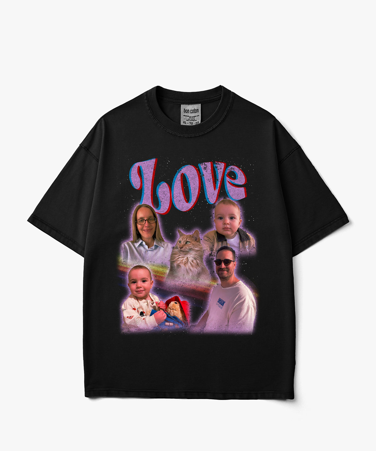 Astral Haze Pink custom bootleg tee with personalized family, baby and pet photo collage