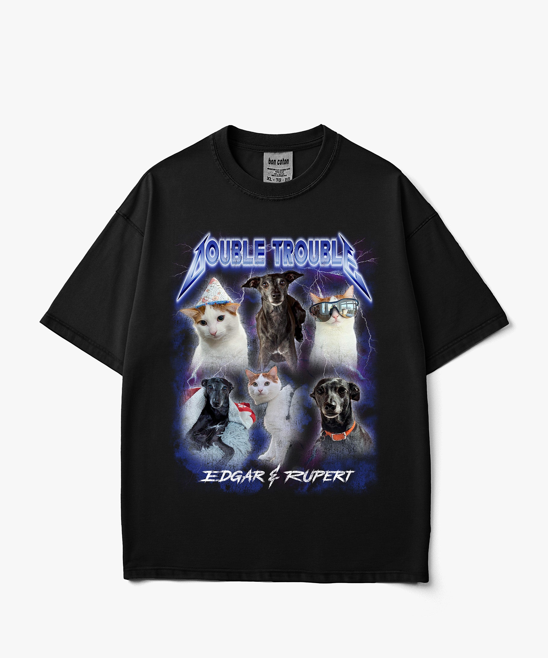 Image of Electric Storm custom bootleg tee with a personalized photo collage of a cat and a dog, electric blue and purple lightning, and vintage rock inspired typography on a black T shirt.