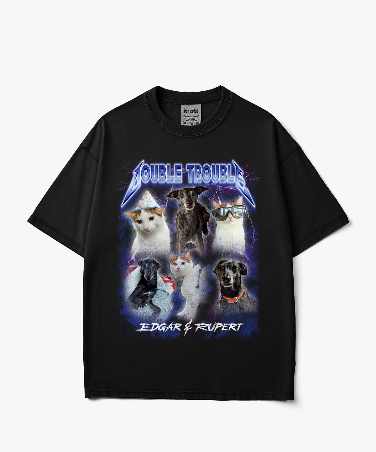 Electric Storm custom bootleg tee with a personalized photo collage of a cat and a dog, electric blue and purple lightning, and vintage rock inspired typography on a black T shirt.