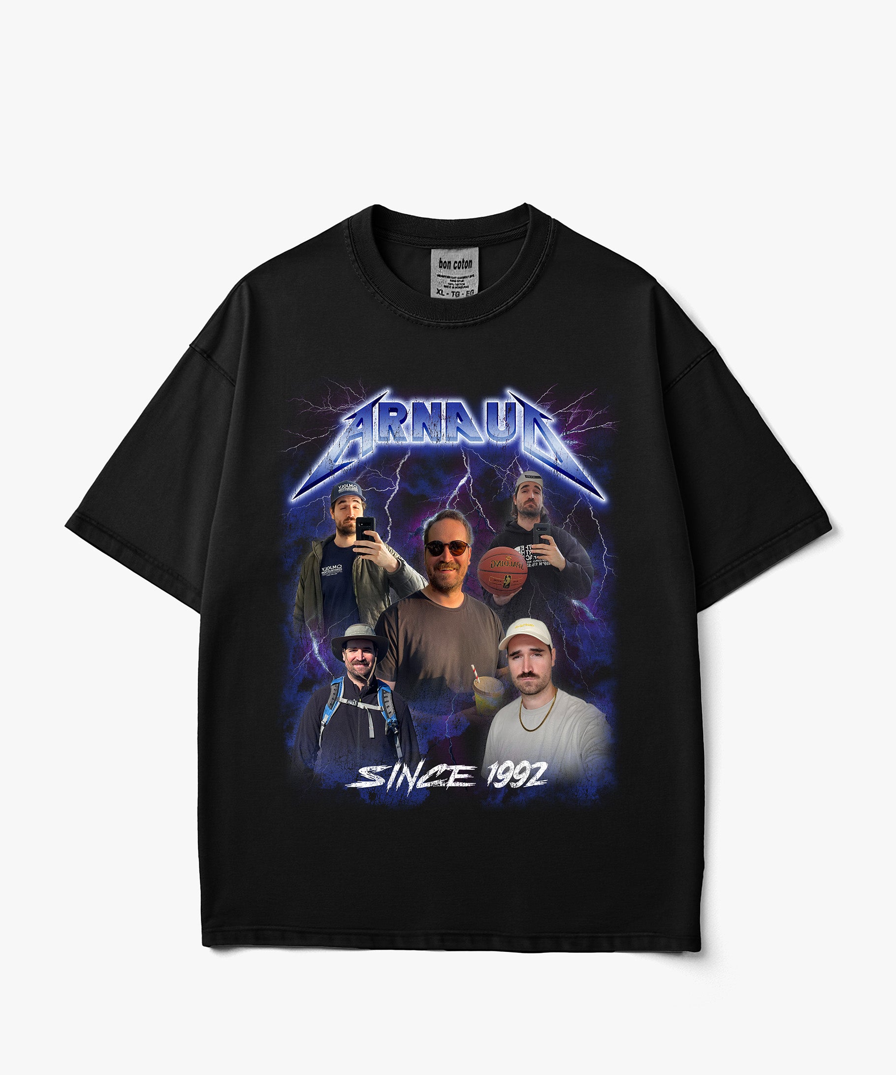 Image of Electric Storm custom bootleg tee with a personalized photo collage, electric blue and purple lightning, and vintage rock inspired typography on a black T shirt.