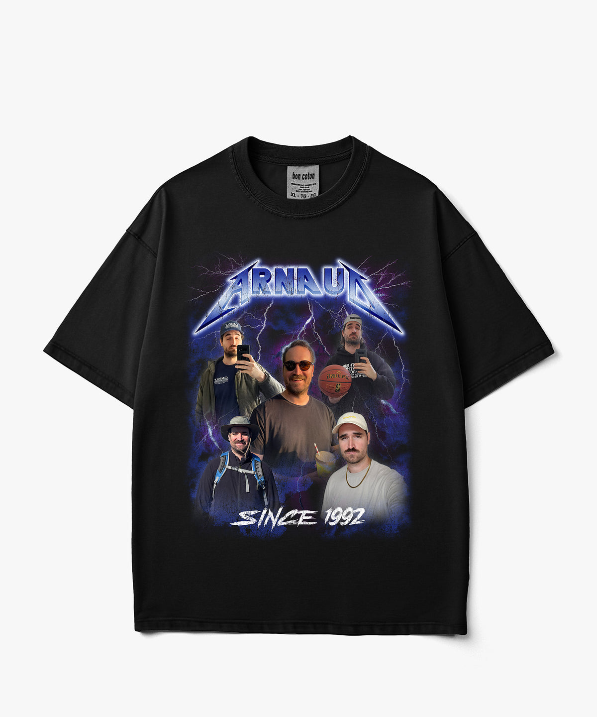 Electric Storm custom bootleg tee with a personalized photo collage, electric blue and purple lightning, and vintage rock inspired typography on a black T shirt.