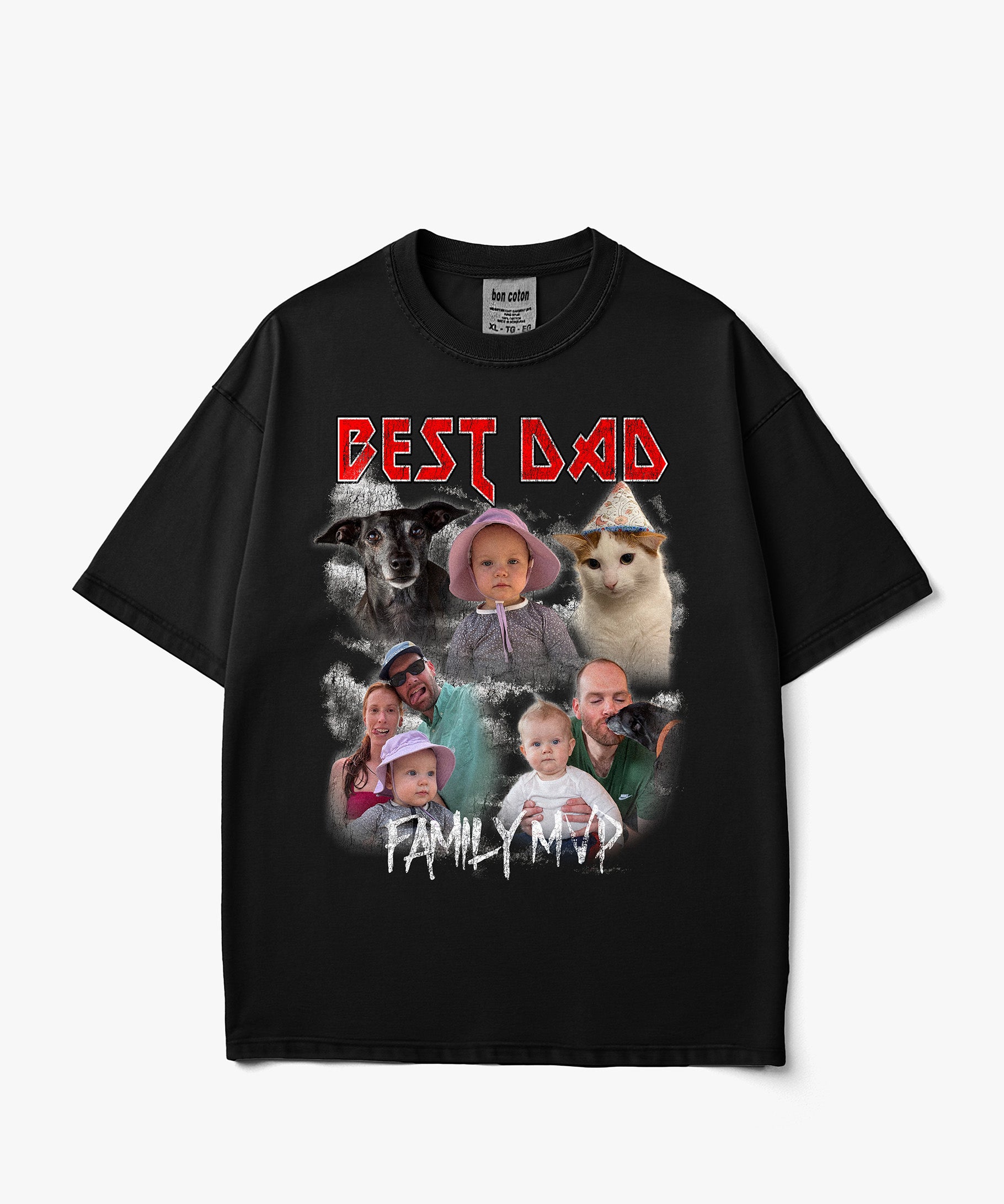 Image of A black short-sleeve custom bootleg graphic t-shirt featuring a collage of family and pet photos with the text 'BEST DAD FAMILY MAD' in stylized red and white lettering, displayed on a clean white background.