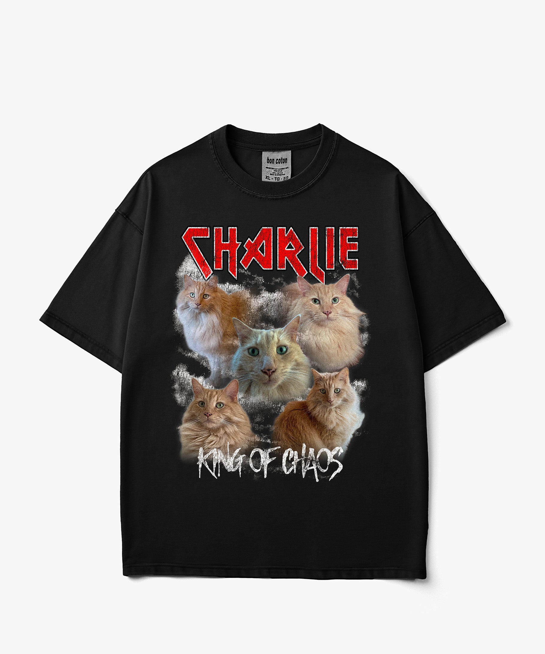 Image of Iron Legacy Red custom bootleg tee with a personalized cat photo collage, bold red metal inspired typography and distressed vintage rock style.