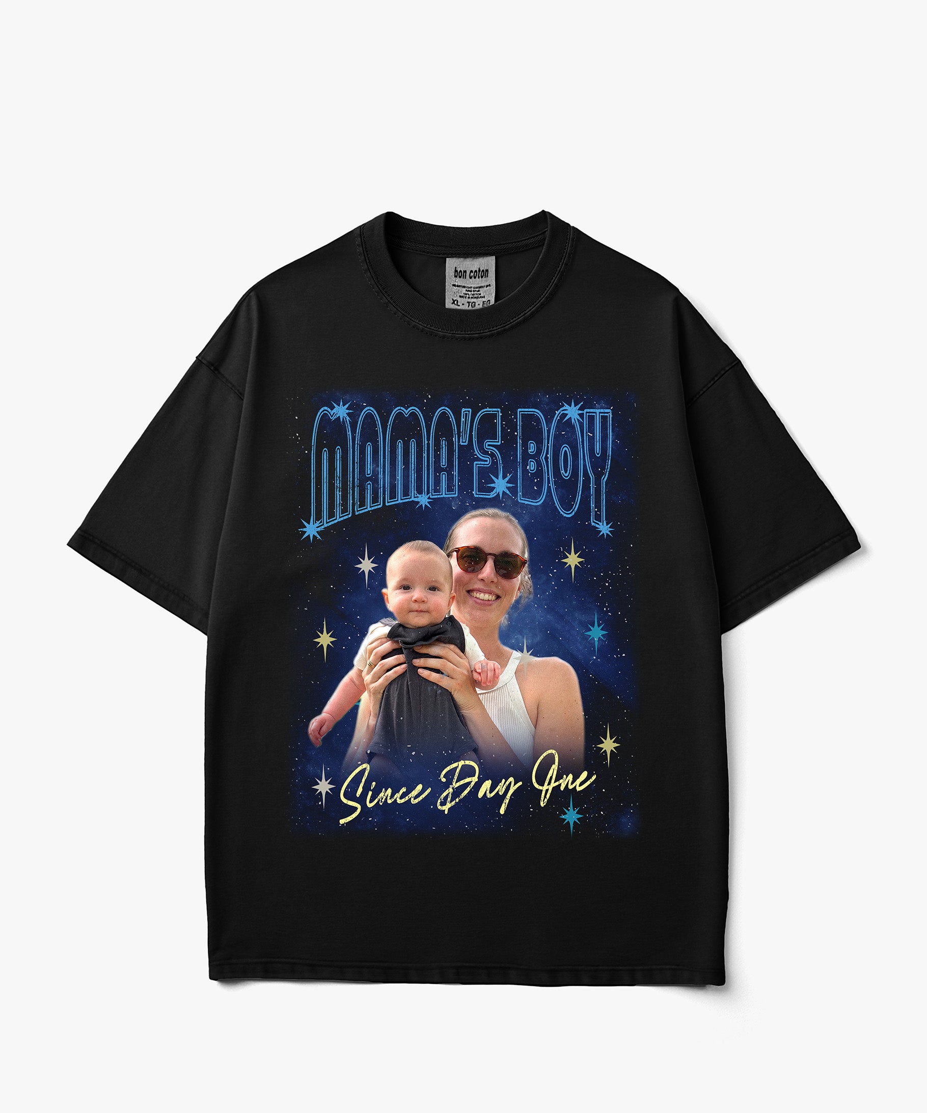 Image of Stardust Rebel Blue custom bootleg tee with a personalized mother and baby photo collage, blue cosmic background, stars and retro typography.